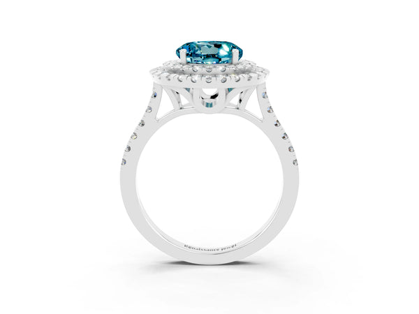 Platinum Double Halo Round Cut Blue Topaz Pavé Band with Four-Prong Setting