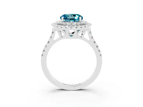 White gold Double Halo Round Cut Blue Topaz Pavé Band with Four-Prong Setting_3