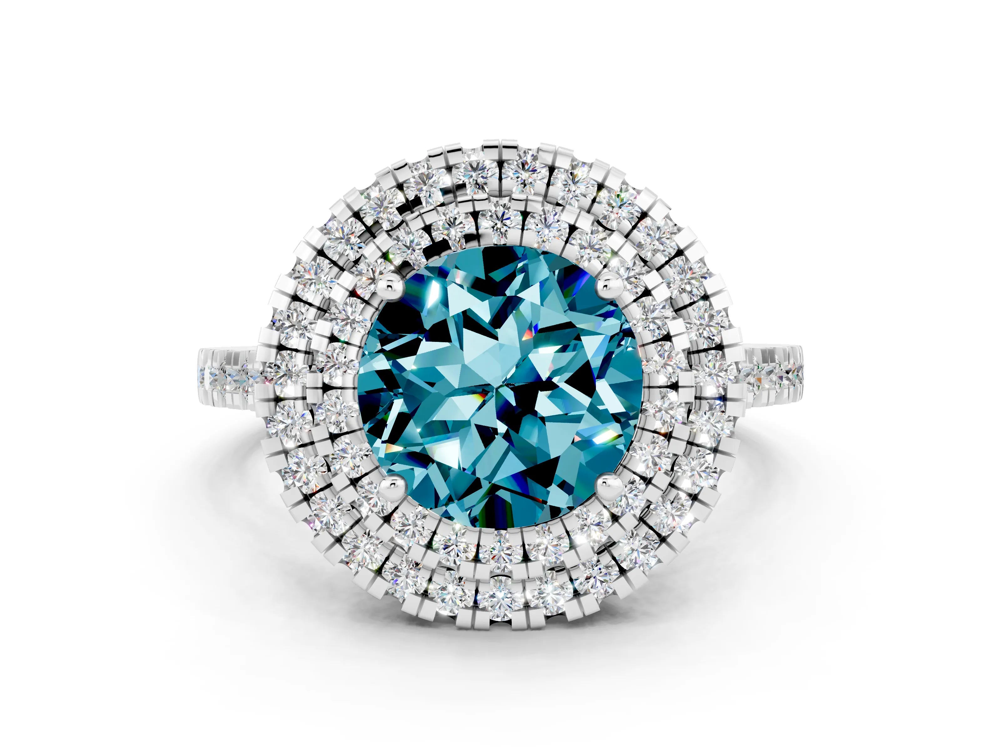 White gold Double Halo Round Cut Blue Topaz Pavé Band with Four-Prong Setting