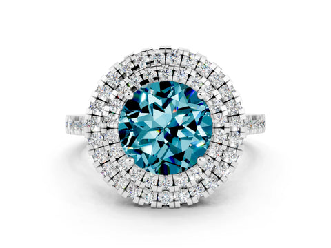 White gold Double Halo Round Cut Blue Topaz Pavé Band with Four-Prong Setting