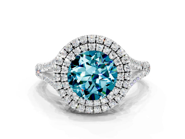 Platinum Double Halo Round Cut Blue Topaz Pavé Split Shank Ring with Prong Setting