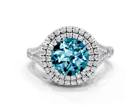 White gold Double Halo Round Cut Blue Topaz Pavé Split Shank Ring with Prong Setting