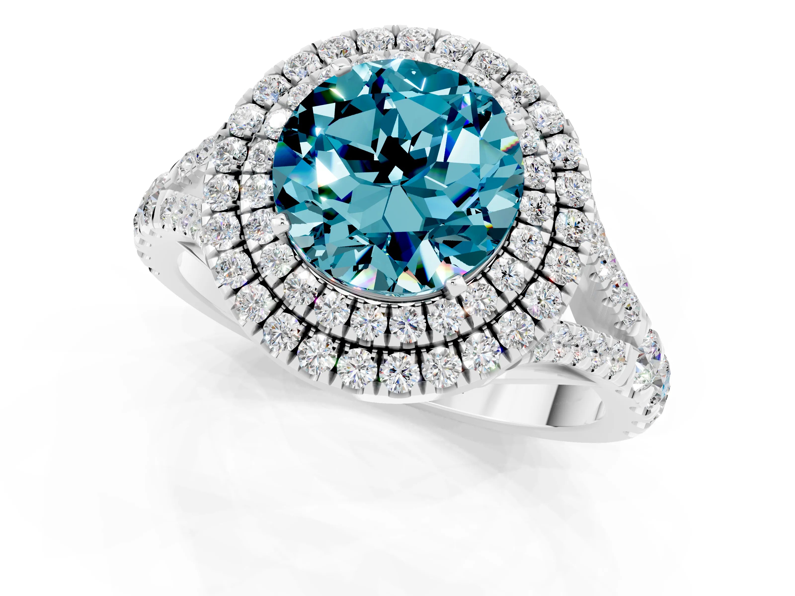 White gold Double Halo Round Cut Blue Topaz Pavé Split Shank Ring with Prong Setting_1