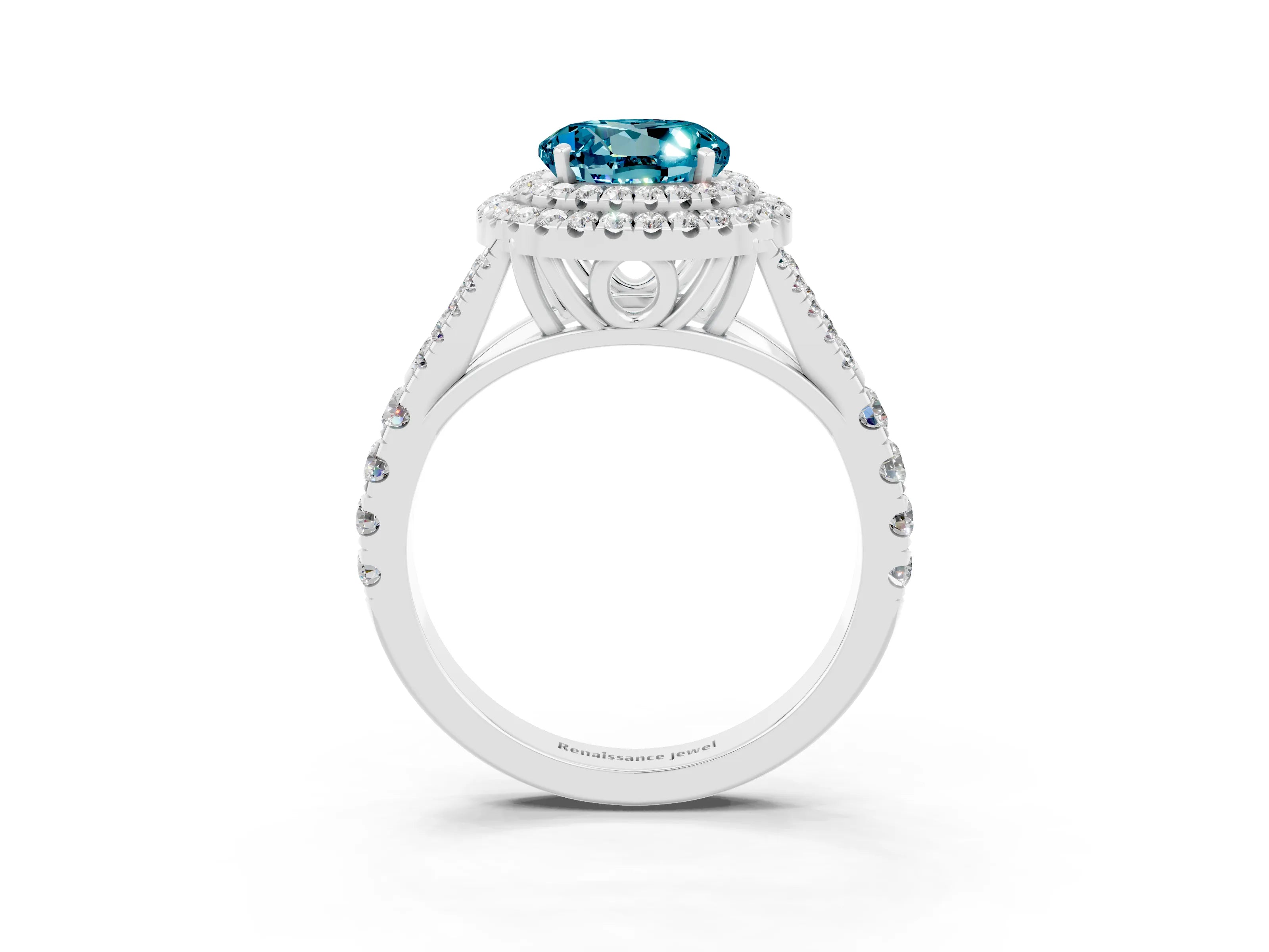 White gold Double Halo Round Cut Blue Topaz Pavé Split Shank Ring with Prong Setting_3