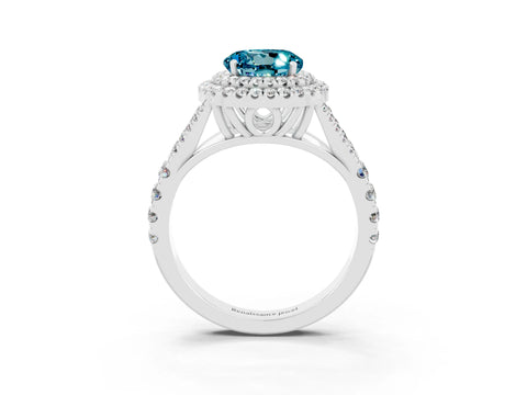 White gold Double Halo Round Cut Blue Topaz Pavé Split Shank Ring with Prong Setting_3