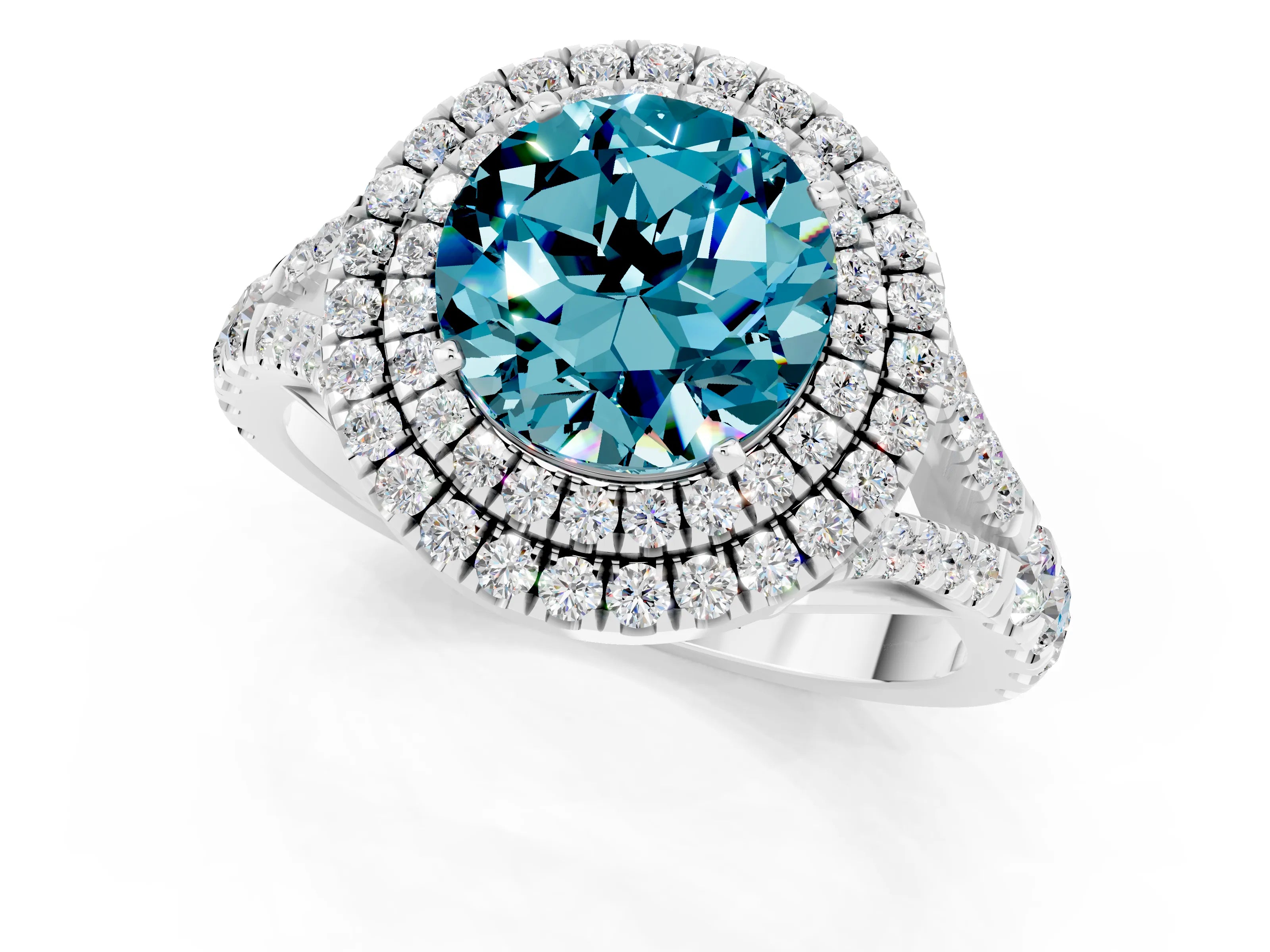 White gold Double Halo Round Cut Blue Topaz Split Shank Engagement Ring with Four-Prong Setting_1