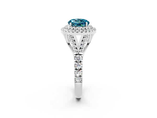 Platinum Double Halo Round Cut Blue Topaz Split Shank Engagement Ring with Four-Prong Setting