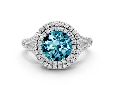 White gold Double Halo Round Cut Blue Topaz Split Shank Engagement Ring with Four-Prong Setting