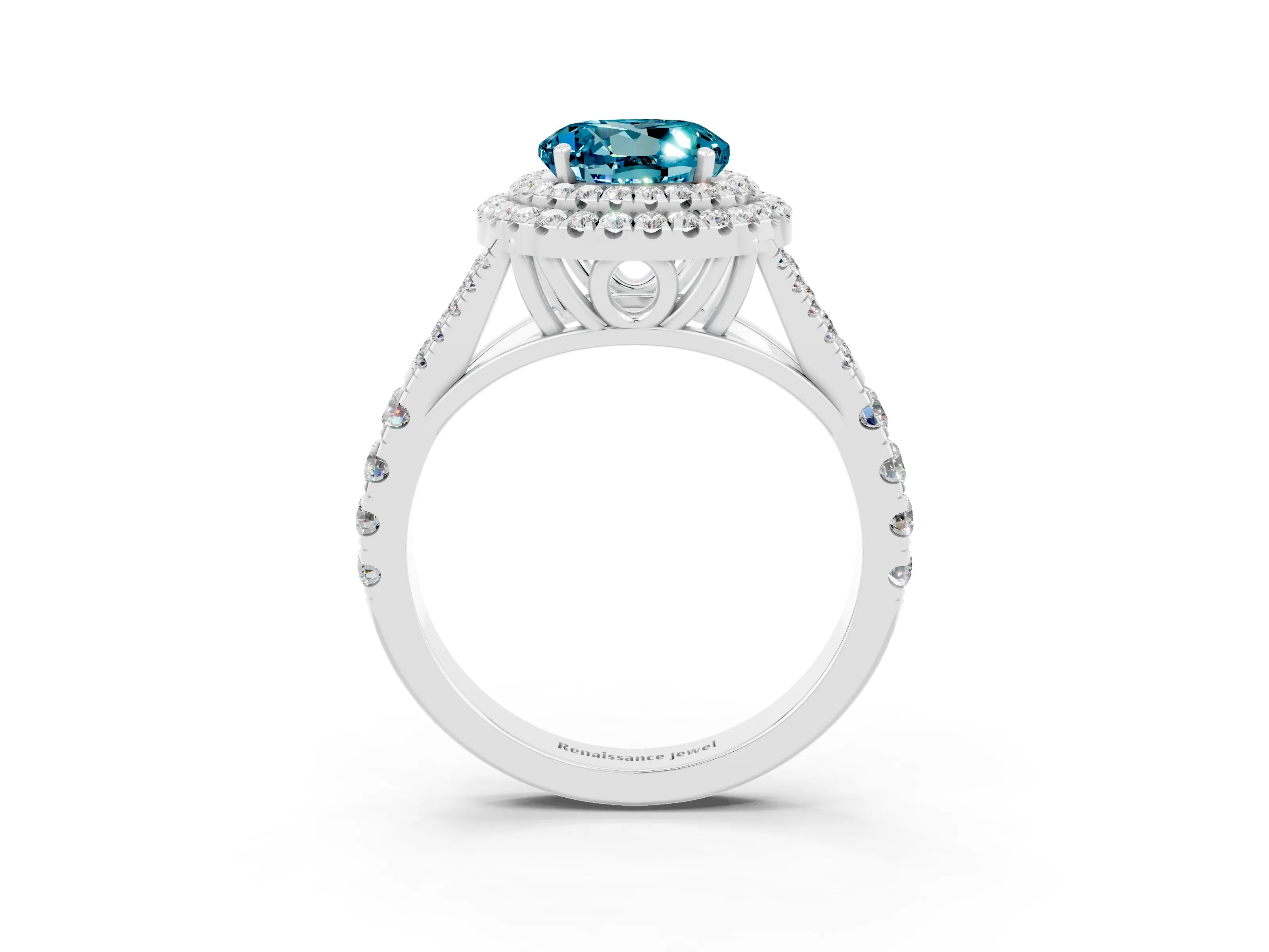 White gold Double Halo Round Cut Blue Topaz Split Shank Engagement Ring with Four-Prong Setting_3