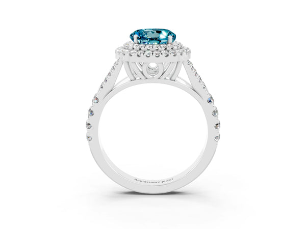 Silver Double Halo Round Cut Blue Topaz Split Shank Engagement Ring with Four-Prong Setting