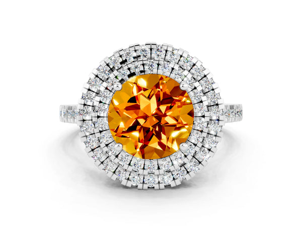 Platinum Double Halo Round Cut Citrine Pavé Band with Four-Prong Setting