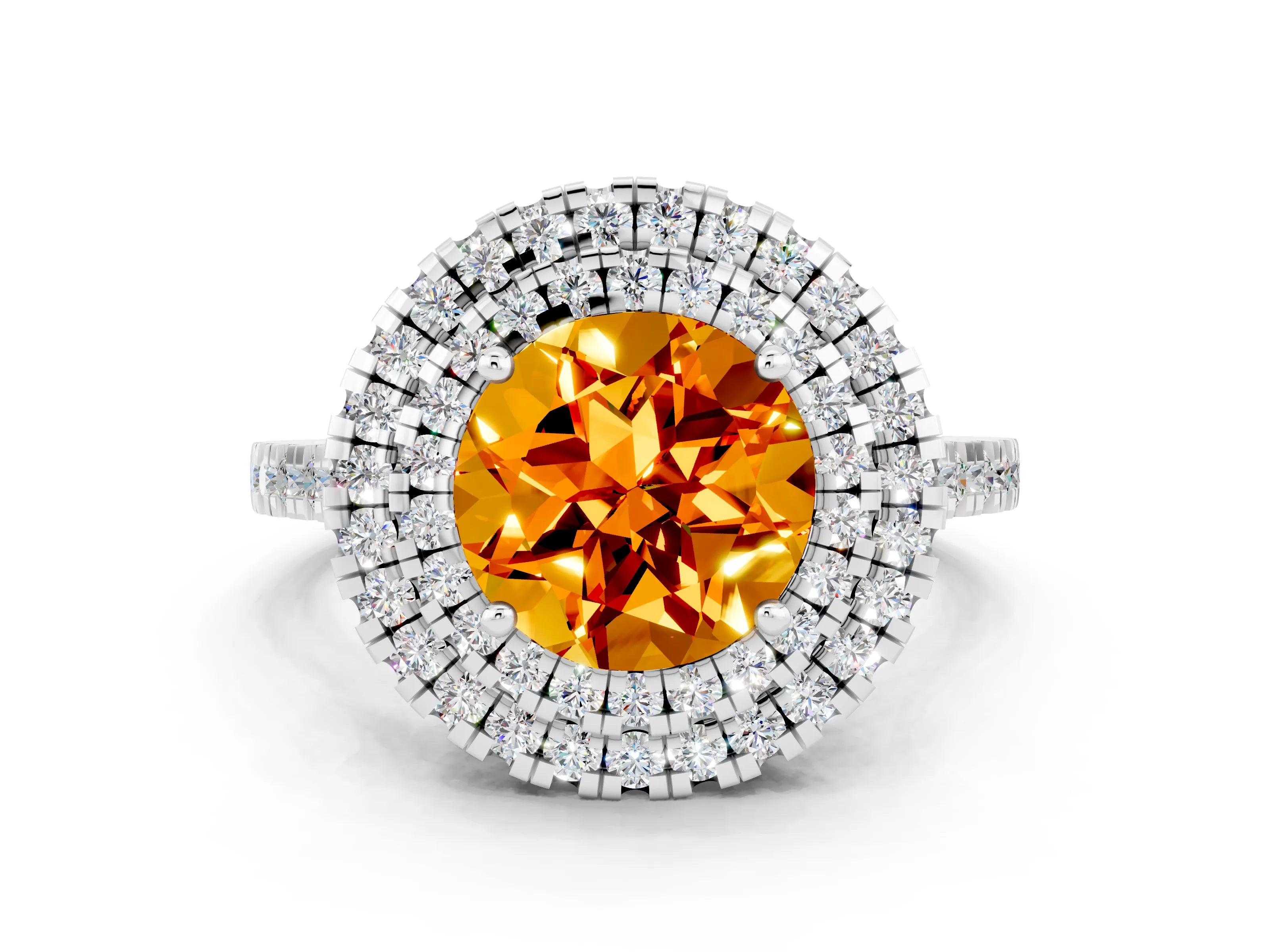 White gold Double Halo Round Cut Citrine Pavé Band with Four-Prong Setting