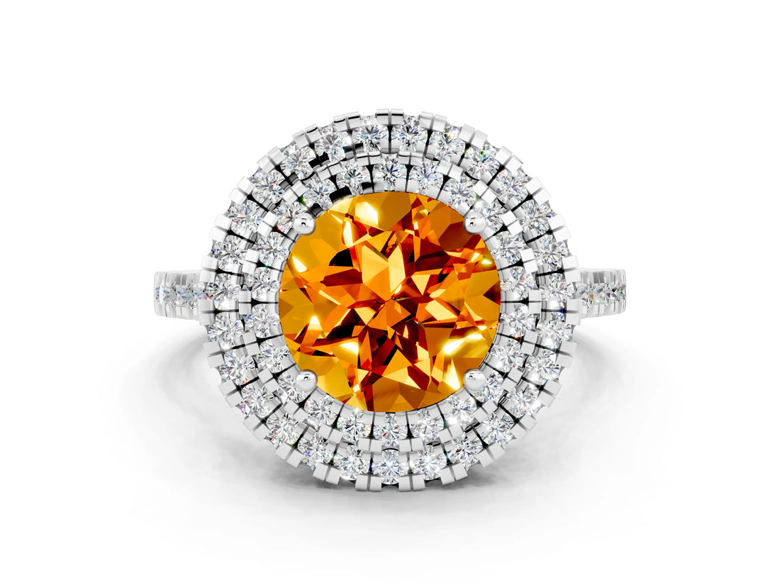 White gold Double Halo Round Cut Citrine Pavé Band with Four-Prong Setting