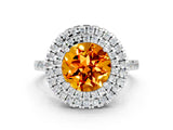 White gold Double Halo Round Cut Citrine Pavé Band with Four-Prong Setting