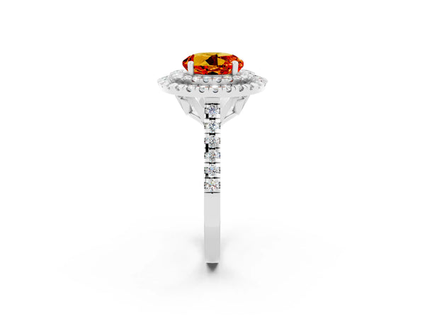 Platinum Double Halo Round Cut Citrine Pavé Band with Four-Prong Setting