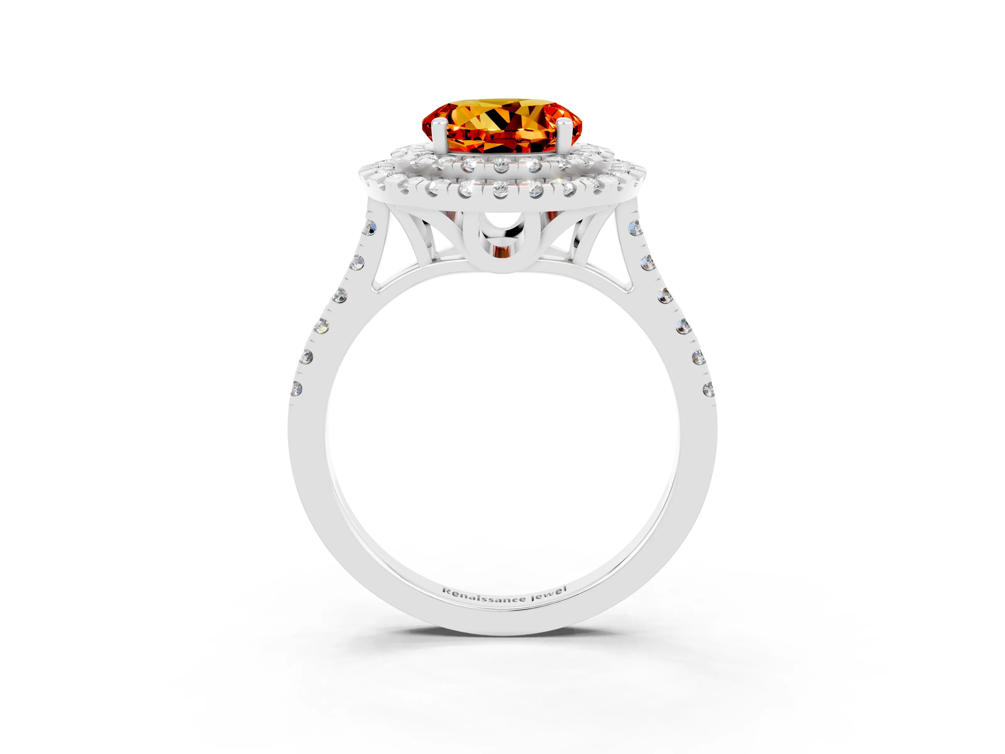 White gold Double Halo Round Cut Citrine Pavé Band with Four-Prong Setting_3