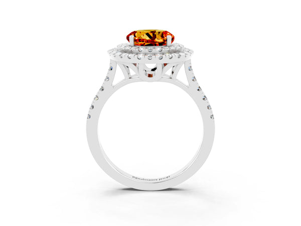 Silver Double Halo Round Cut Citrine Pavé Band with Four-Prong Setting