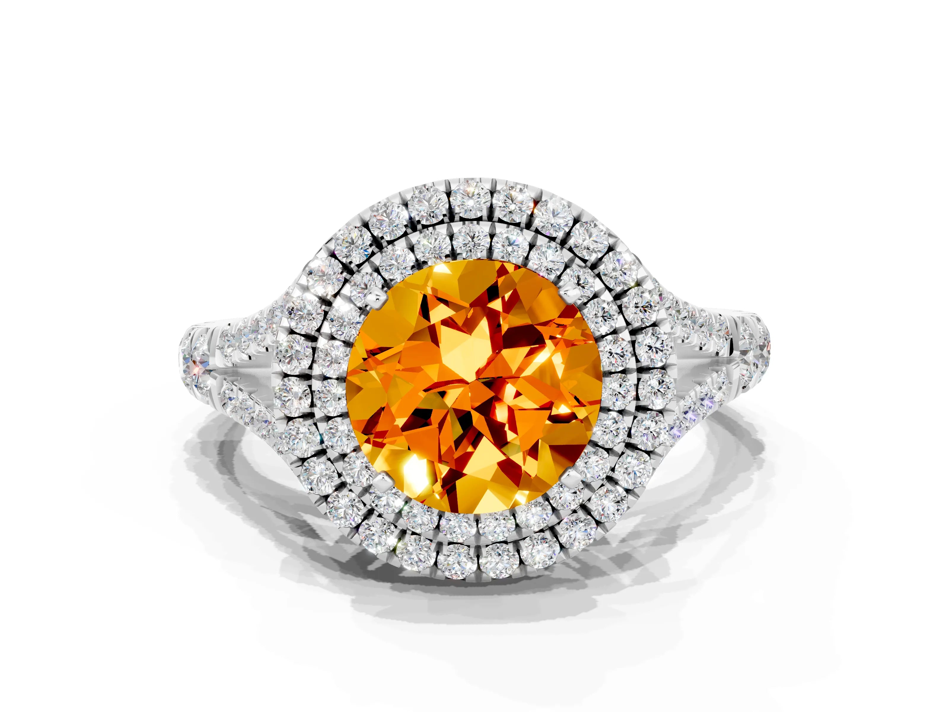 White gold Double Halo Round Cut Citrine Pavé Split Shank Ring with Prong Setting