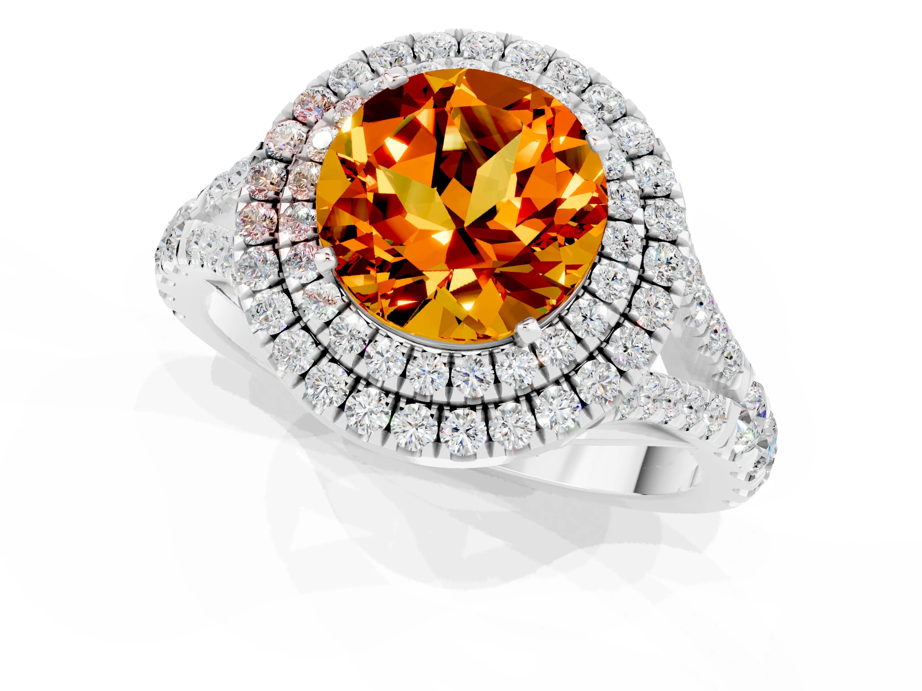 White gold Double Halo Round Cut Citrine Pavé Split Shank Ring with Prong Setting_1
