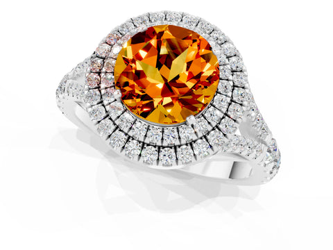 White gold Double Halo Round Cut Citrine Pavé Split Shank Ring with Prong Setting_1
