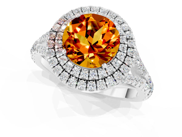 White gold Double Halo Round Cut Citrine Pavé Split Shank Ring with Prong Setting