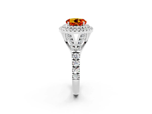 Silver Double Halo Round Cut Citrine Pavé Split Shank Ring with Prong Setting