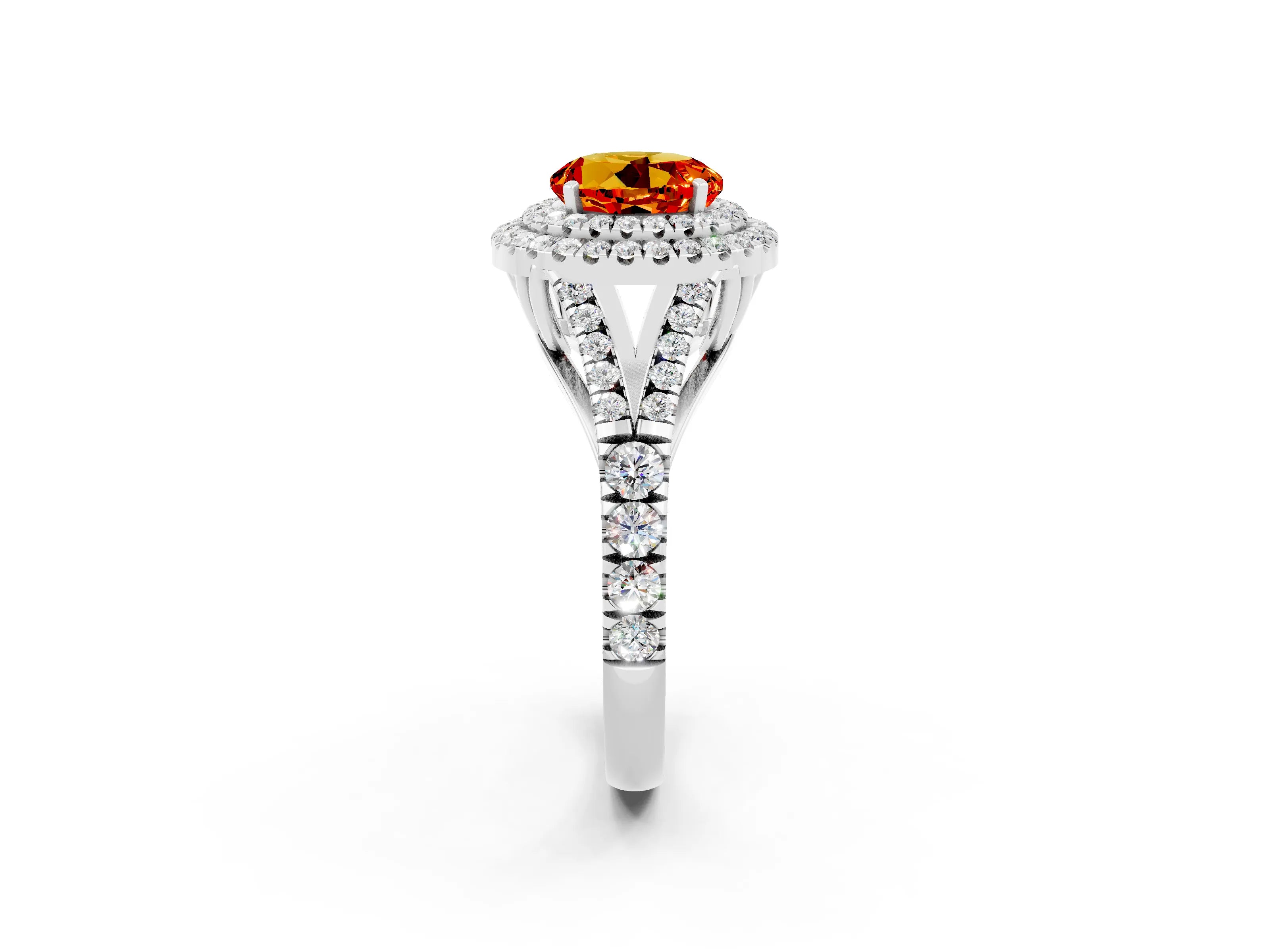White gold Double Halo Round Cut Citrine Pavé Split Shank Ring with Prong Setting_2