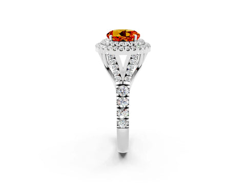 White gold Double Halo Round Cut Citrine Pavé Split Shank Ring with Prong Setting_2