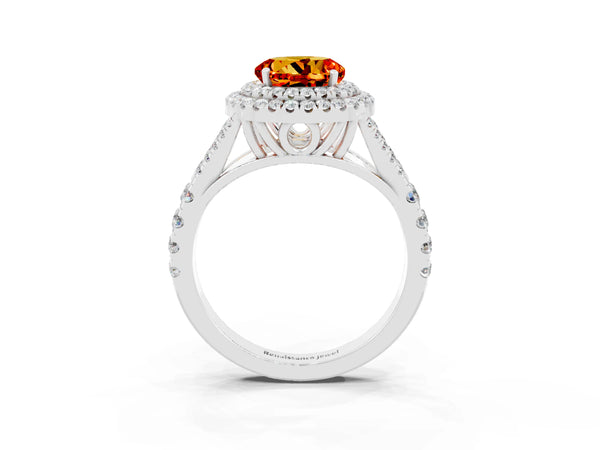 Platinum Double Halo Round Cut Citrine Pavé Split Shank Ring with Prong Setting