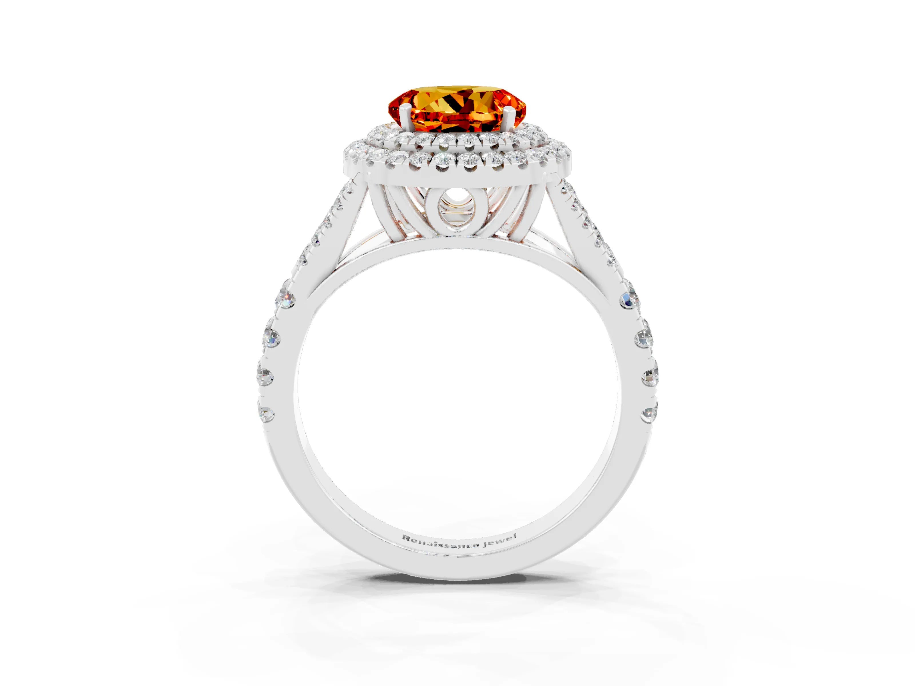 White gold Double Halo Round Cut Citrine Pavé Split Shank Ring with Prong Setting_3