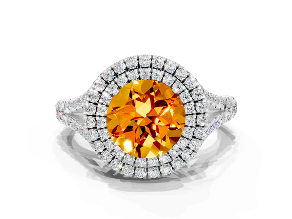 Silver Double Halo Round Cut Citrine Pavé Split Shank Ring with Prong Setting