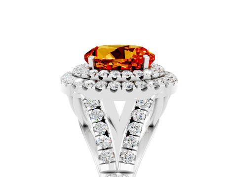 White gold Double Halo Round Cut Citrine Pavé Split Shank Ring with Prong Setting_5