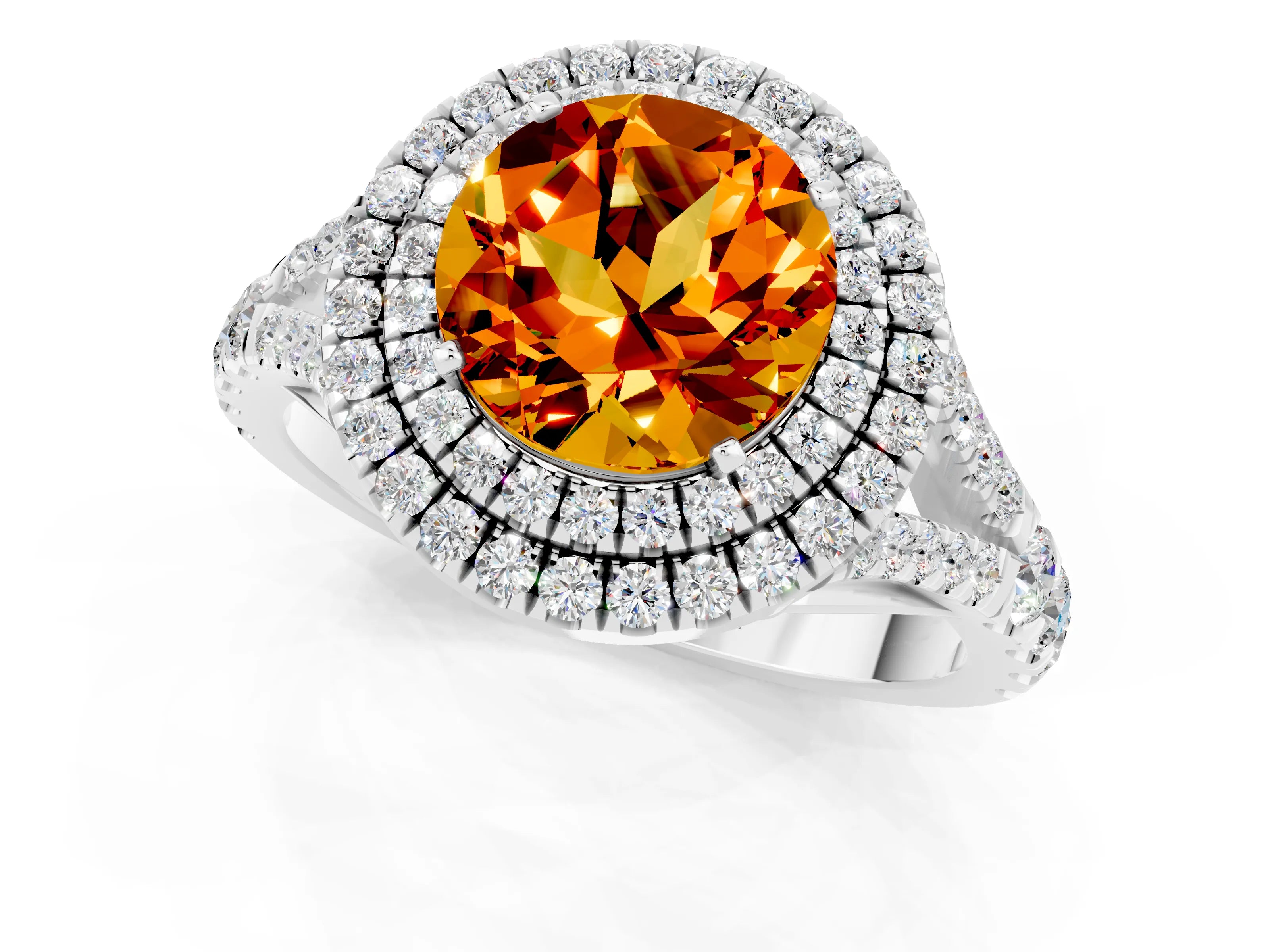 White gold Double Halo Round Cut Citrine Split Shank Engagement Ring with Four-Prong Setting_1