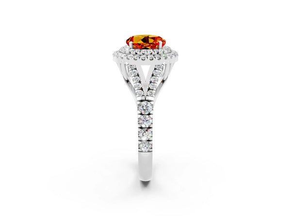 Silver Double Halo Round Cut Citrine Split Shank Engagement Ring with Four-Prong Setting