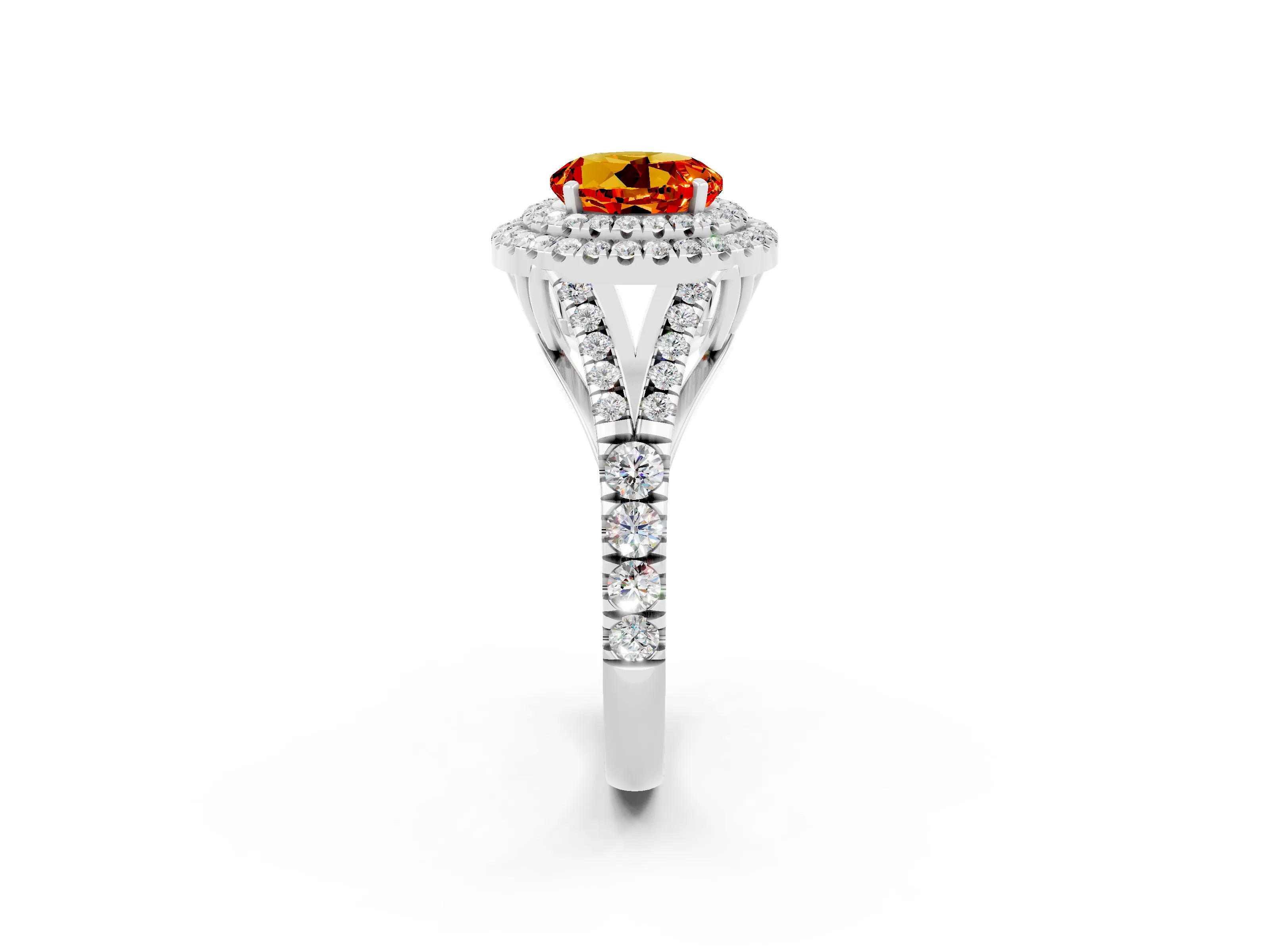 White gold Double Halo Round Cut Citrine Split Shank Engagement Ring with Four-Prong Setting_2