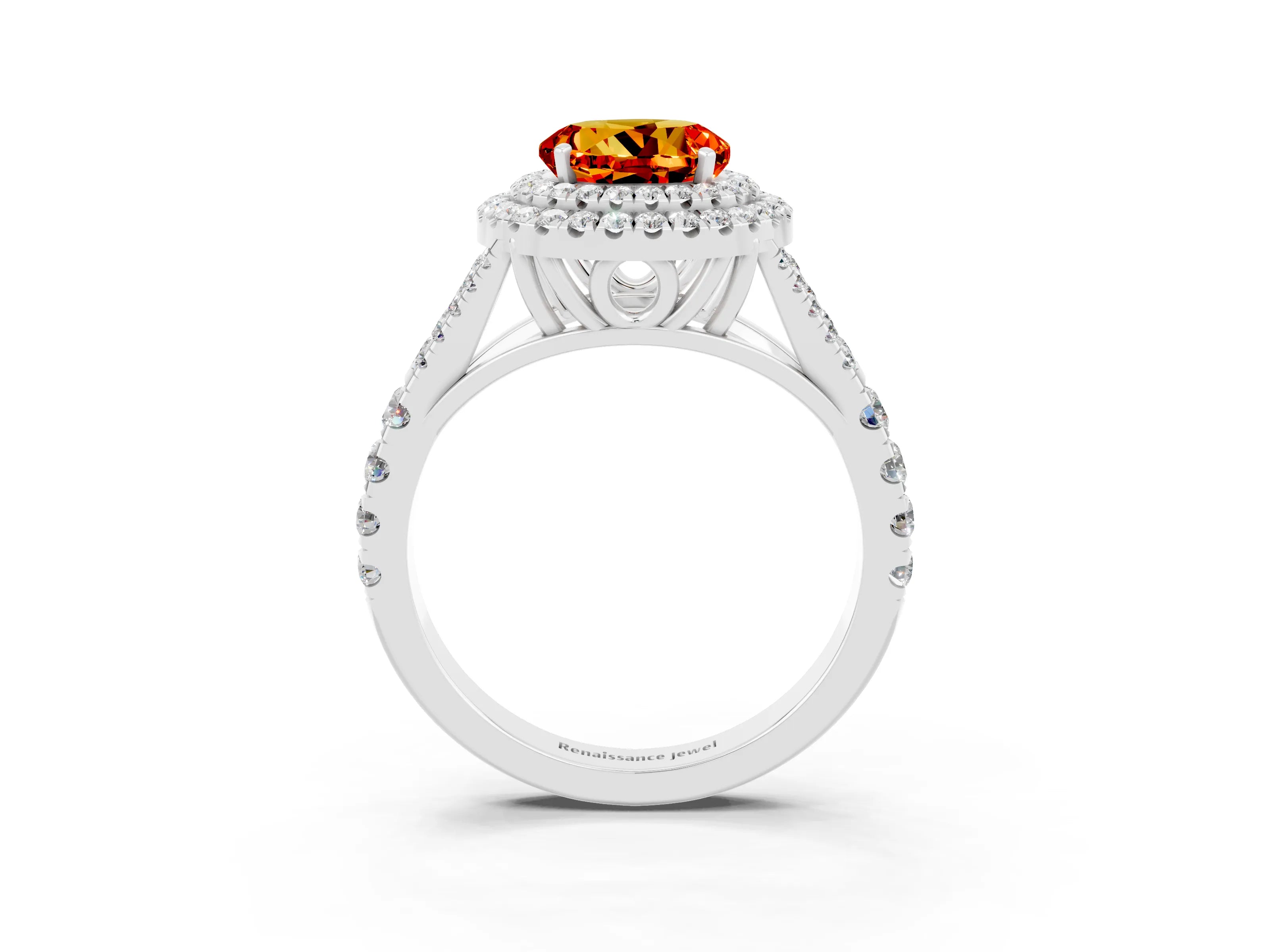 White gold Double Halo Round Cut Citrine Split Shank Engagement Ring with Four-Prong Setting_3