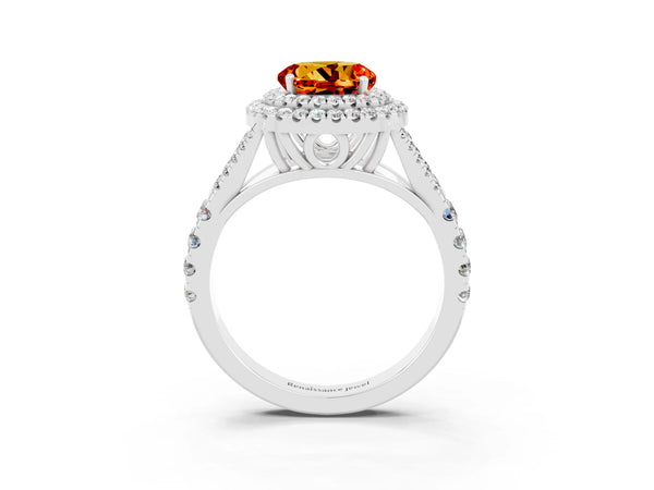 Platinum Double Halo Round Cut Citrine Split Shank Engagement Ring with Four-Prong Setting
