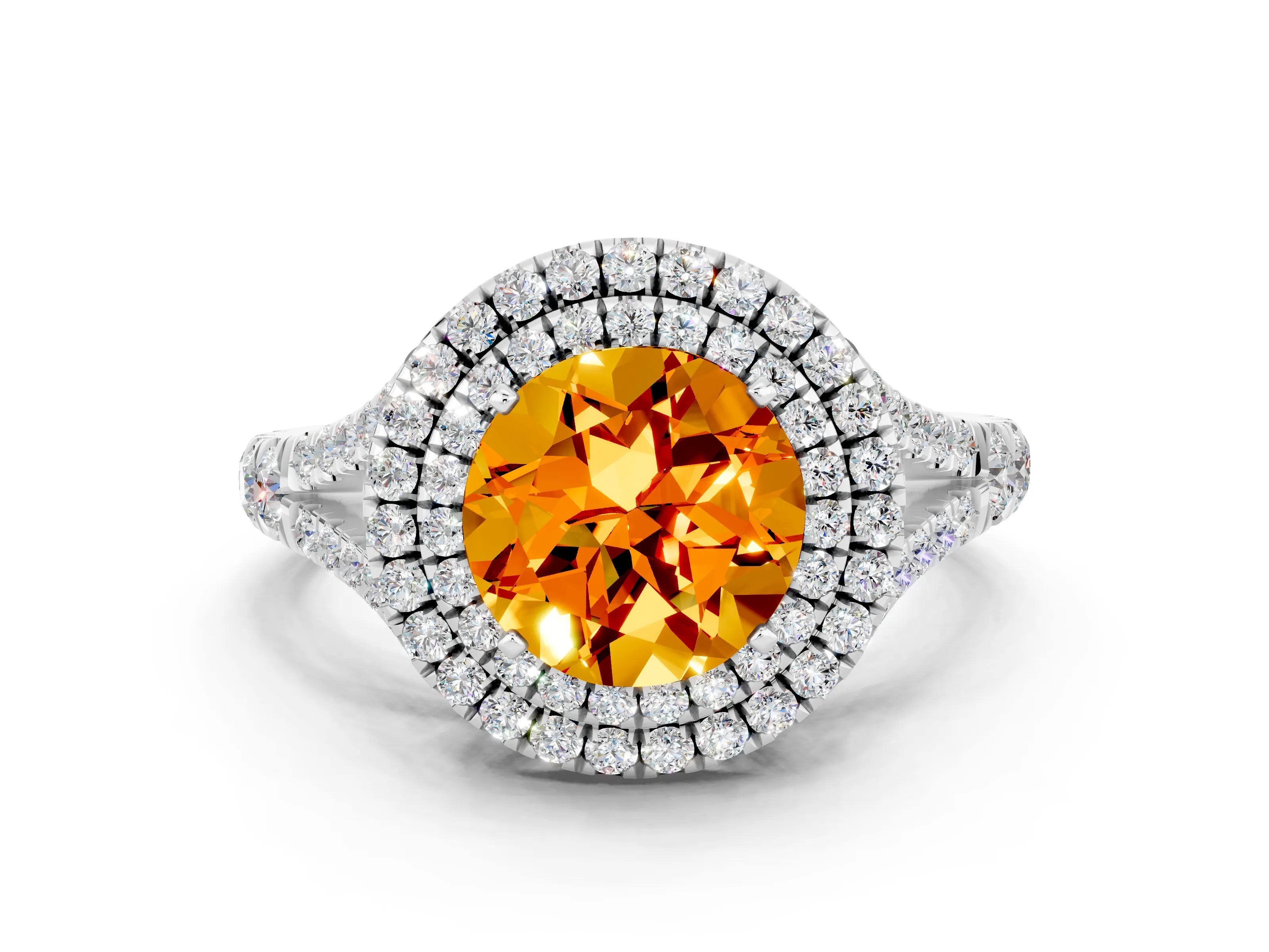 White gold Double Halo Round Cut Citrine Split Shank Engagement Ring with Four-Prong Setting