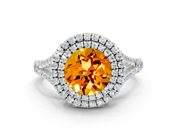 White gold Double Halo Round Cut Citrine Split Shank Engagement Ring with Four-Prong Setting