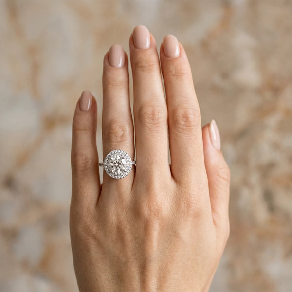 White gold Double Halo Round Cut Diamond Pavé Band with Four-Prong Setting