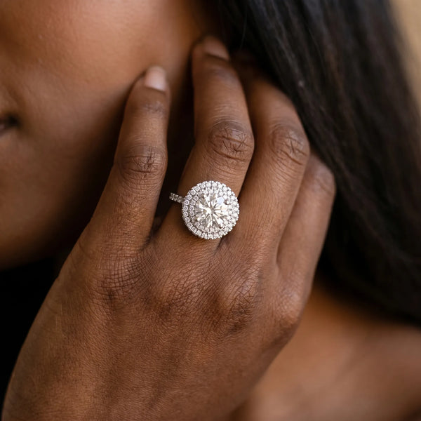 White gold Double Halo Round Cut Diamond Pavé Band with Four-Prong Setting