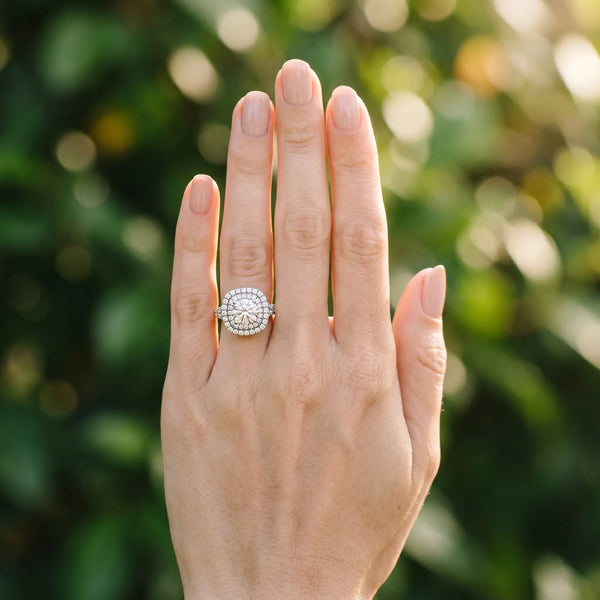 White gold Double Halo Round Cut Diamond Pavé Split Shank Ring with Prong Setting
