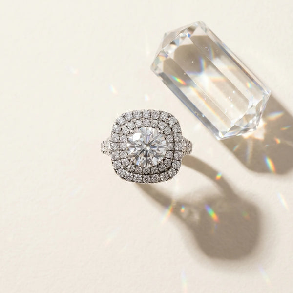 White gold Double Halo Round Cut Diamond Pavé Split Shank Ring with Prong Setting