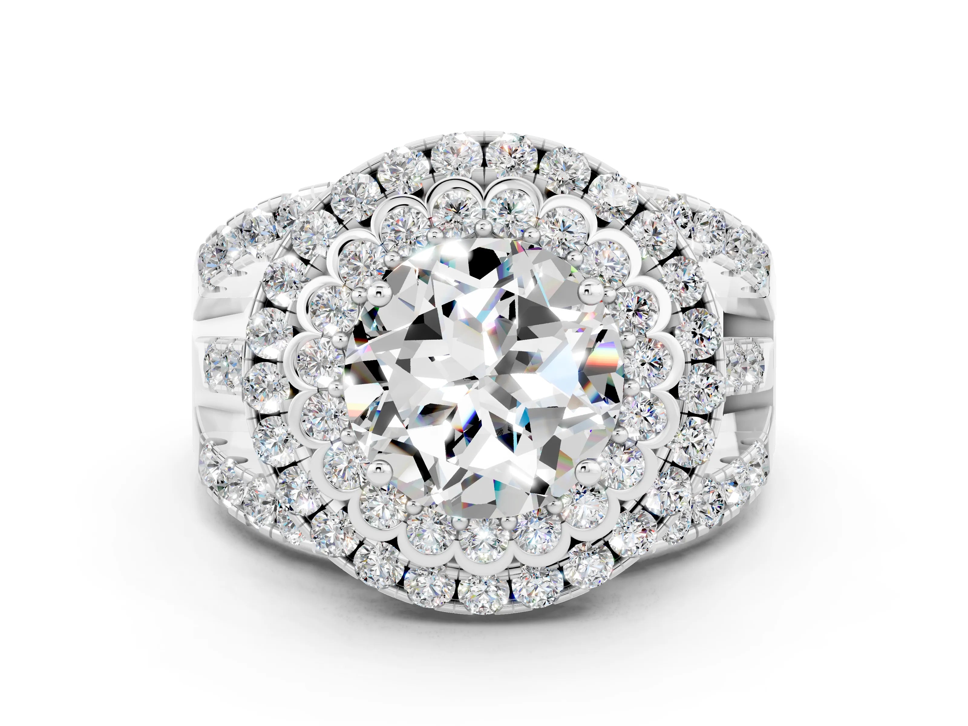 White gold Double Halo Round Cut Diamond Split Shank Pave Set Ring