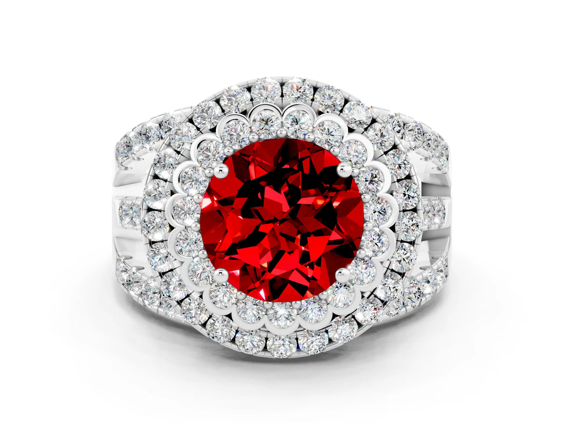 White gold Double Halo Round Cut Diamond Split Shank Pave Set Ring