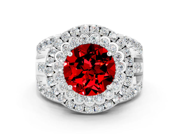 Silver Double Halo Round Cut Diamond Split Shank Pave Set Ring