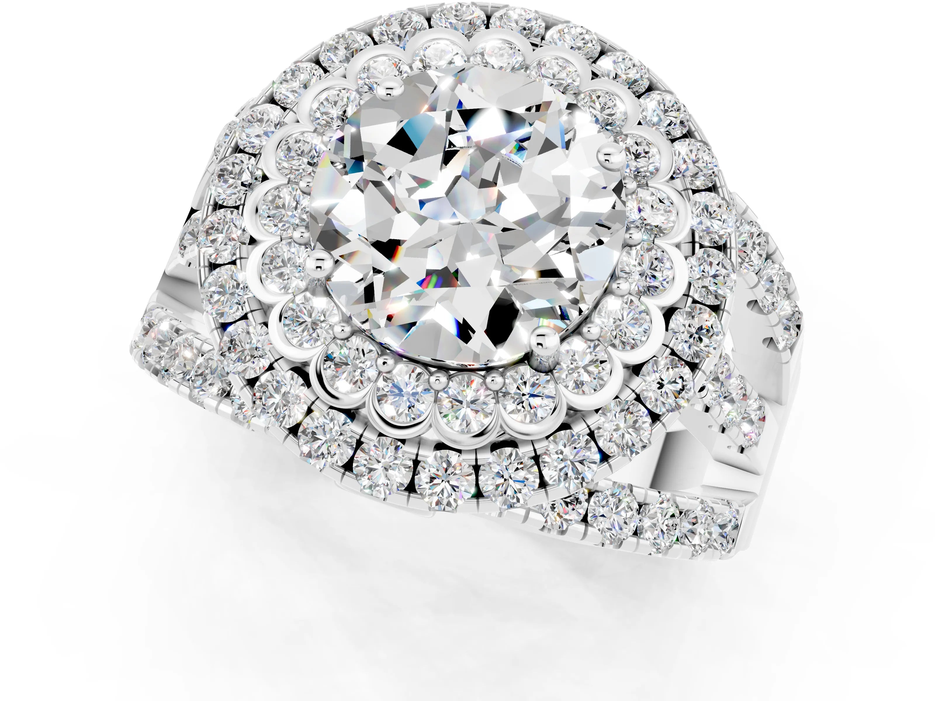 White gold Double Halo Round Cut Diamond Split Shank Pave Set Ring_1