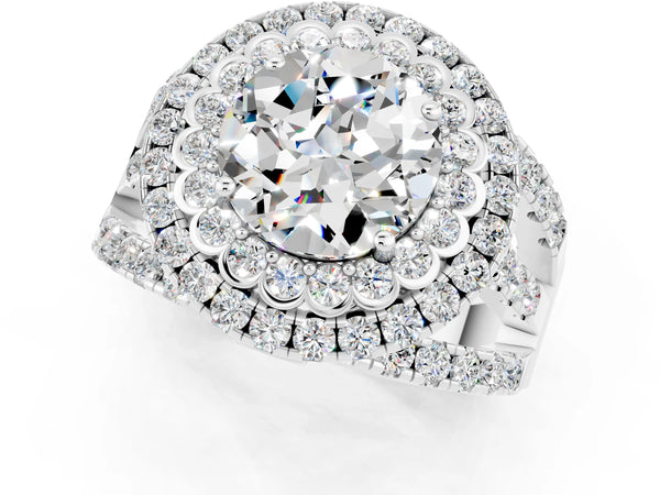 Platinum Round Cut Moissanite Double Halo Ring with Round Pavé Split Shank and Prong Setting