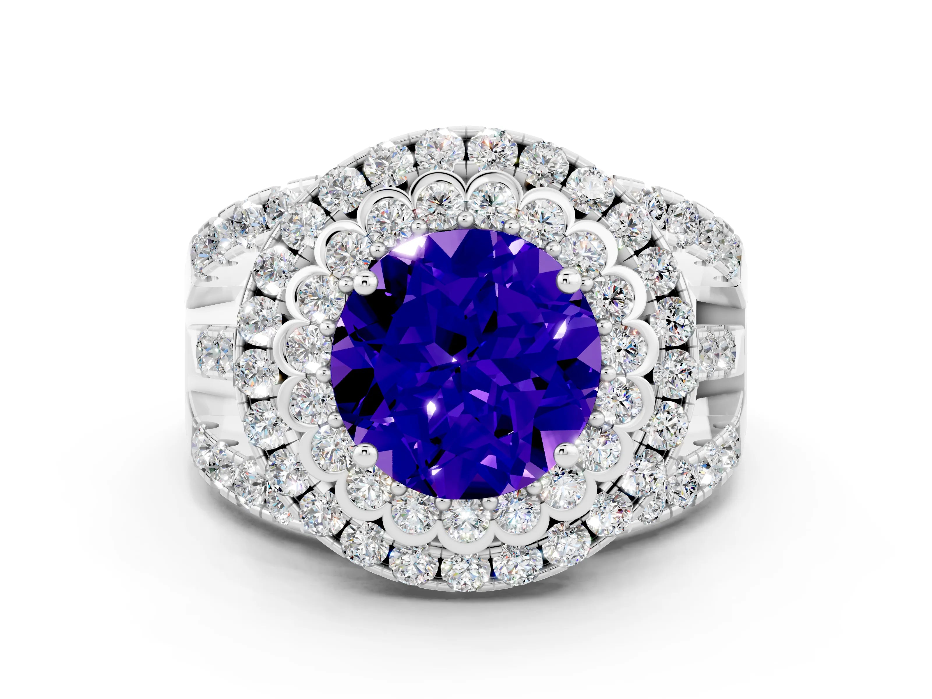 White gold Double Halo Round Cut Diamond Split Shank Pave Set Ring