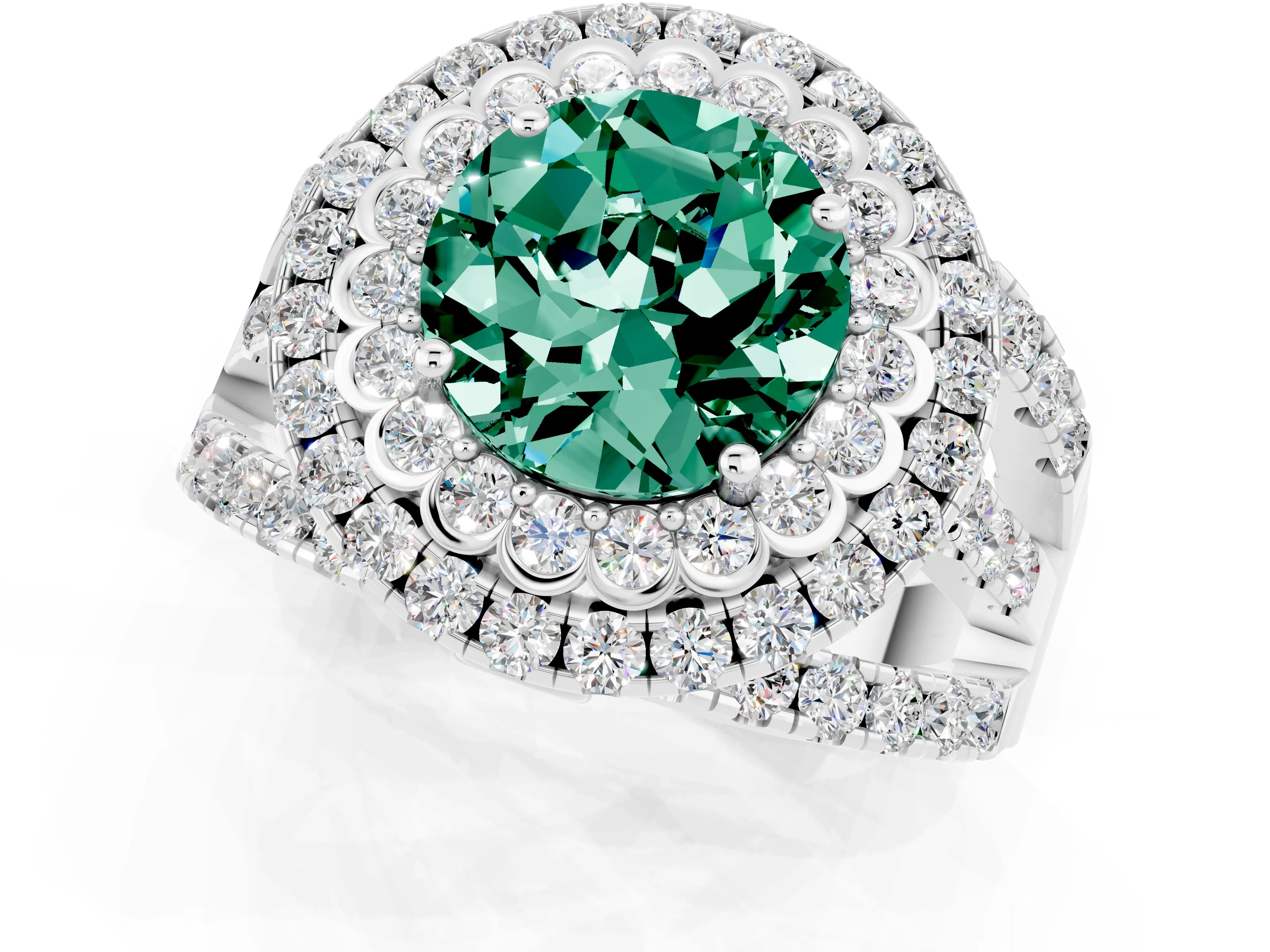White gold Double Halo Round Cut Diamond Split Shank Pave Set Ring_1